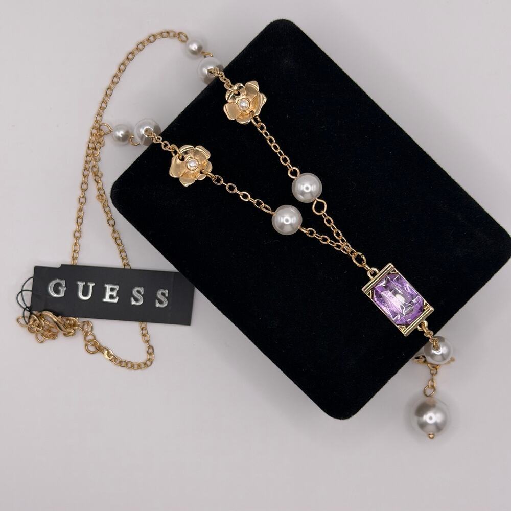GUESS NWT Purple Crystal Pearl Lariat Necklace Gold Tone Floral Y Necklace - Picture 5 of 5